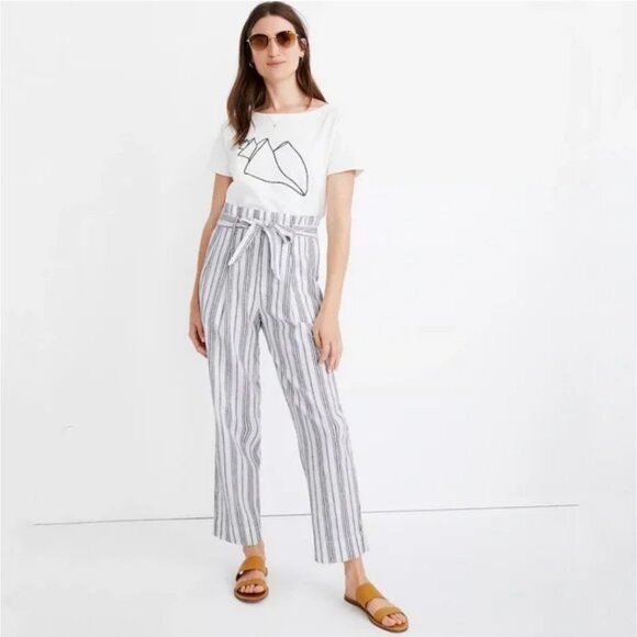 Madewell Women's Linen-Cotton Blend Paperbag Pants in Dark Baltic Stripe Size 12 - Picture 1 of 6